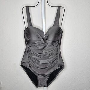 Calvin Klein Metallic Gray Twist Front Ruched One Piece Swimsuit Size 16